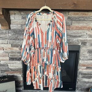 Entro Vibrant Long Sleeve Dress - Coral, Teal, White